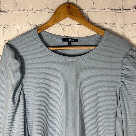 ☀️ 7 For All Mankind Blue Crew Neck Puffed Sleeve Ribbed - Picture 4 of 7